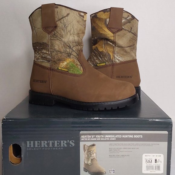 'HERTER'S' LEATHER HUNT BOOTS MOISTURE-WICK CAMO 'REALTREE`EXTRA PULL-ON YOUTH - Picture 14 of 16